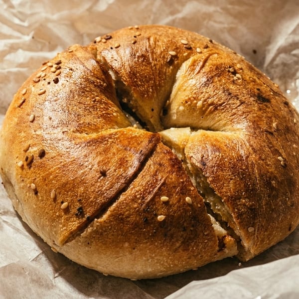 Freshly baked, golden-brown bagel with sesame seeds, sliced into wedges, on crumpled parchment paper.