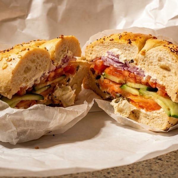 A bagel sandwich cut in half, filled with cream cheese, salmon, cucumbers, tomatoes, and red onions.
