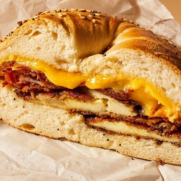 Close-up of a bagel sandwich with bacon, egg, and melted cheese on crumpled white paper.